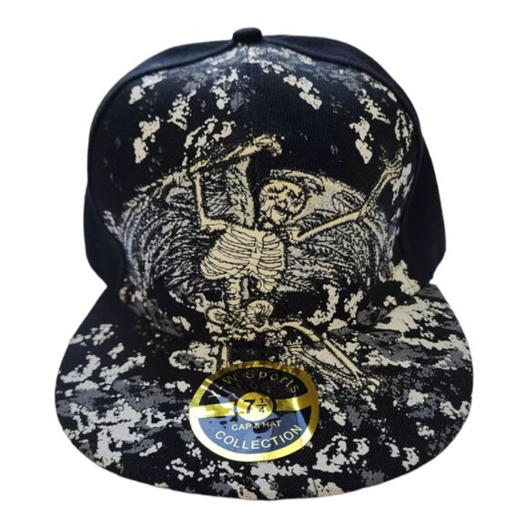 Y/W Sports Skeleton All Over Print Snapback Cap 7 1/4 Black & Gray - Picture 1 of 7